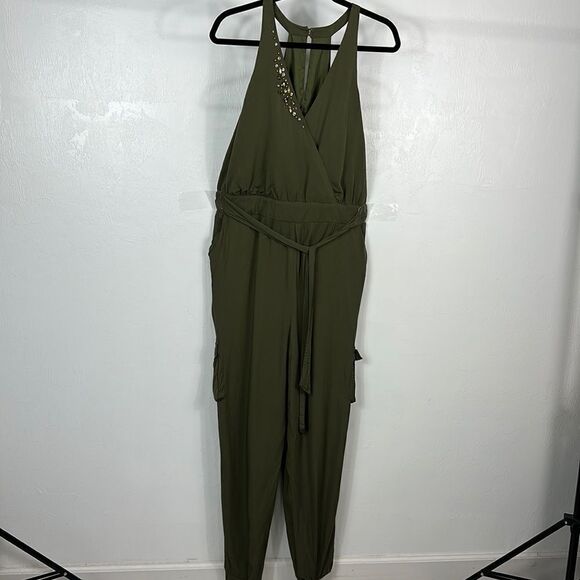 Venus Dark Green Halter Jewel Neck Tie Waist Jumpsuit Size 1X - Picture 1 of 13